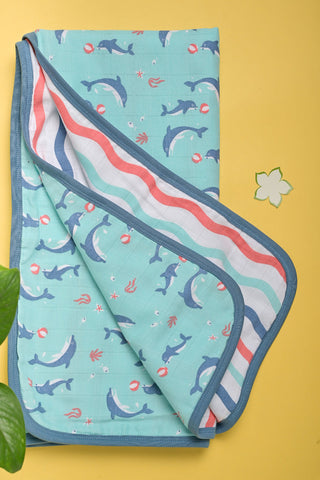 Ocean Dive' 3 layer organic muslin blanket : Dolphin Ocean Dive' 3 layer organic muslin blanket : Dolphin