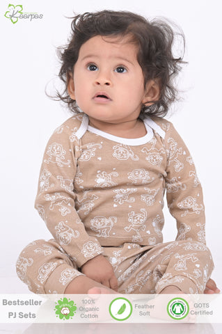 Kaarpas organic cotton 2-piece baby PJ set with jumping monkey- Brown Kaarpas organic cotton 2-piece baby PJ set with jumping monkey- Brown