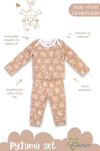 Kaarpas organic cotton 2-piece baby PJ set with jumping monkey- Brown Kaarpas organic cotton 2-piece baby PJ set with jumping monkey- Brown