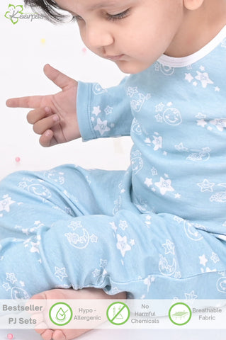 Kaarpas organic cotton 2 piece baby PJ set with bright star and moon - Sky blue Kaarpas organic cotton 2 piece baby PJ set with bright star and moon - Sky blue