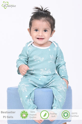Kaarpas organic cotton 2 piece baby PJ set with chirpy sparrow - Teal Kaarpas organic cotton 2 piece baby PJ set with chirpy sparrow - Teal