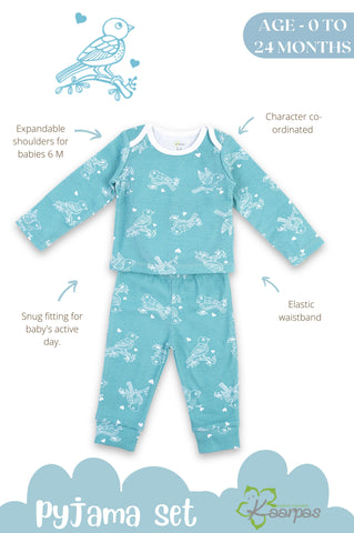 Kaarpas organic cotton 2 piece baby PJ set with chirpy sparrow - Teal Kaarpas organic cotton 2 piece baby PJ set with chirpy sparrow - Teal