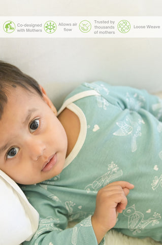 Kaarpas organic cotton 2 piece baby PJ set with chirpy sparrow - Teal Kaarpas organic cotton 2 piece baby PJ set with chirpy sparrow - Teal