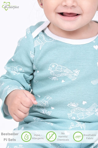 Kaarpas organic cotton 2 piece baby PJ set with chirpy sparrow - Teal Kaarpas organic cotton 2 piece baby PJ set with chirpy sparrow - Teal