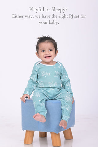 Kaarpas organic cotton 2 piece baby PJ set with chirpy sparrow - Teal Kaarpas organic cotton 2 piece baby PJ set with chirpy sparrow - Teal