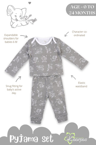 Kaarpas organic cotton 2 piece  baby PJ set with jumbo elephant- Grey Kaarpas organic cotton 2 piece  baby PJ set with jumbo elephant- Grey
