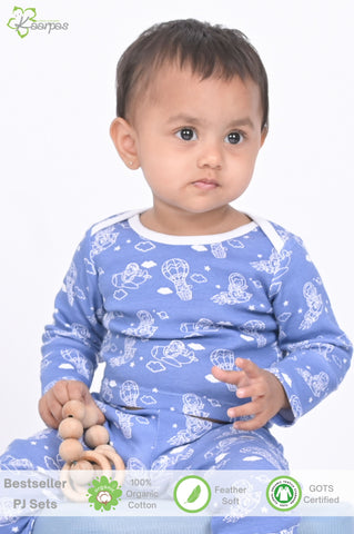 Kaarpas organic cotton 2 piece baby into the sky with parachute PJ set - Blue Kaarpas organic cotton 2 piece baby into the sky with parachute PJ set - Blue