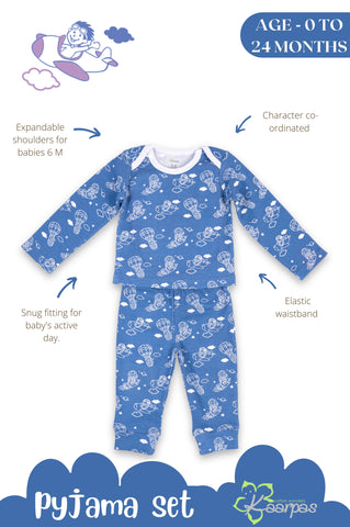 Kaarpas organic cotton 2 piece baby into the sky with parachute PJ set - Blue Kaarpas organic cotton 2 piece baby into the sky with parachute PJ set - Blue