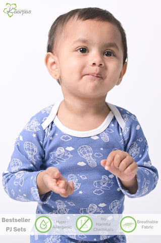 Kaarpas organic cotton 2 piece baby into the sky with parachute PJ set - Blue Kaarpas organic cotton 2 piece baby into the sky with parachute PJ set - Blue