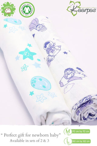 Sky Theme' Organic Muslin Baby Swaddle : Moon and Parachute, 100X100CM Pack of 2 Sky Theme' Organic Muslin Baby Swaddle : Moon and Parachute, 100X100CM Pack of 2
