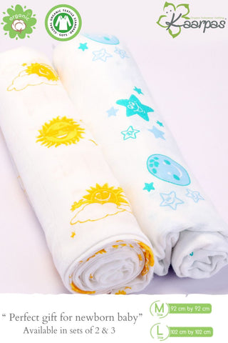 Sky Theme' Organic Muslin Baby Swaddle : Moon and Sun, 100X100CM Pack of 2 Sky Theme' Organic Muslin Baby Swaddle : Moon and Sun, 100X100CM Pack of 2