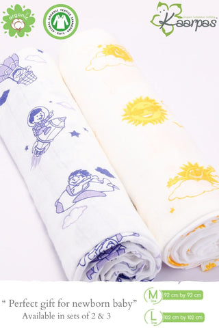 Sky Theme' Organic Muslin Baby Swaddle : Parachute and Sun,100X100 CM Pack of 2 Sky Theme' Organic Muslin Baby Swaddle : Parachute and Sun,100X100 CM Pack of 2