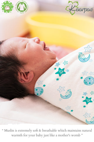 Sky Theme' Organic Muslin Baby Swaddle :  Moon & earth 100X100 CM Sky Theme' Organic Muslin Baby Swaddle :  Moon & earth 100X100 CM