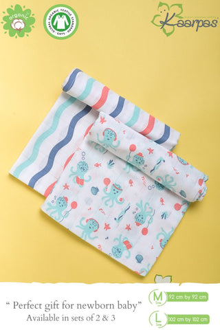 Ocean Dive' Organic Muslin Baby Swaddle : Octopus and waves, PACK OF 2 Ocean Dive' Organic Muslin Baby Swaddle : Octopus and waves, PACK OF 2