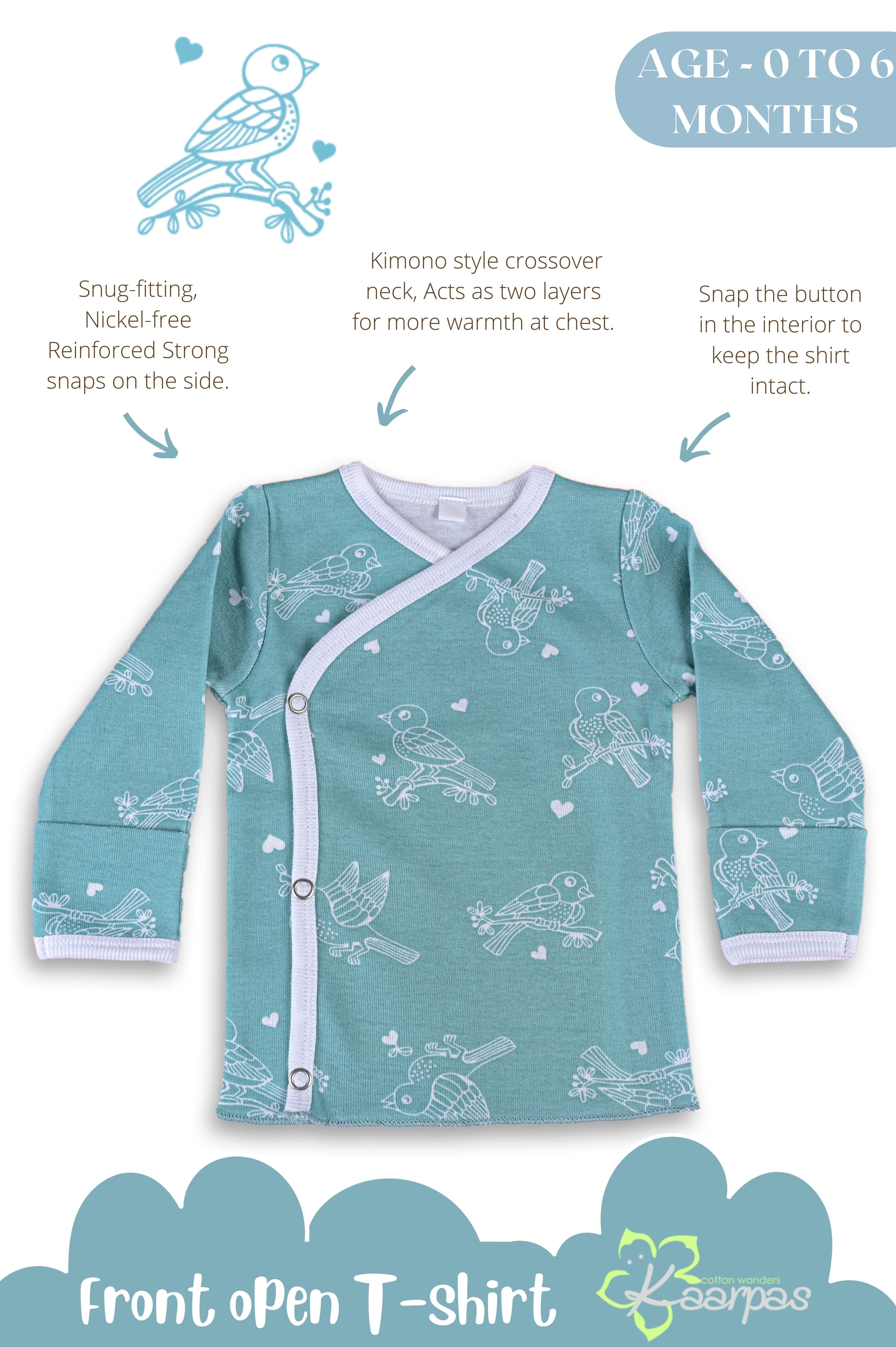 Chirpy Sparrow front open side snap full sleeve T-shirt - Teal