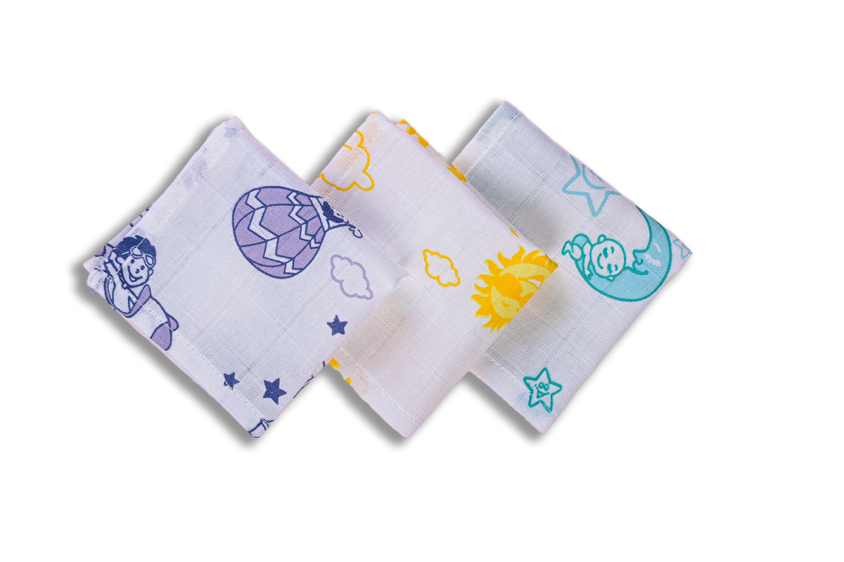 ‘Into the sky’ Organic cotton muslin Wash Cloth 3 pack