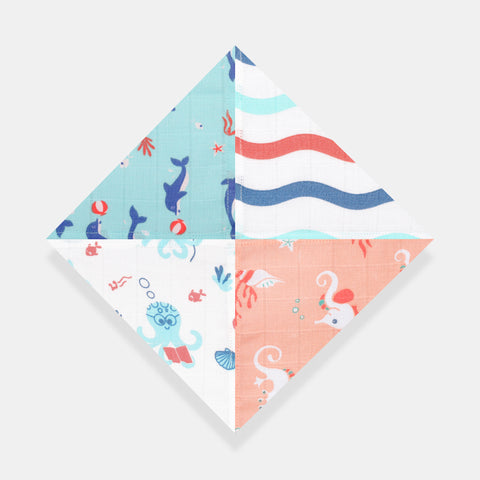 ‘Ocean Dive’ Organic cotton muslin Wash Cloth Squares 4 pack : Delphi, Olga, Spiny and Dreamy Waves