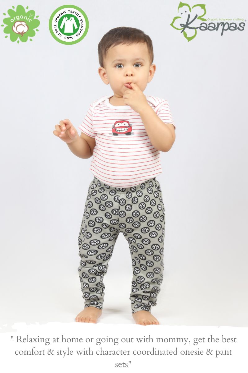 2-Piece Car and the Wheels print Onesie/Bodysuit Pant Set - (Red & Grey)
