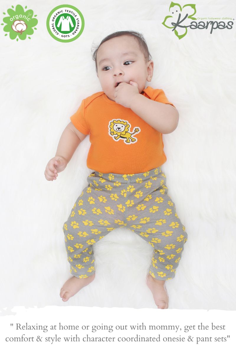 2-Piece Lion and Paws print Onesie/Bodysuit Pant Set - (Orange and Grey)