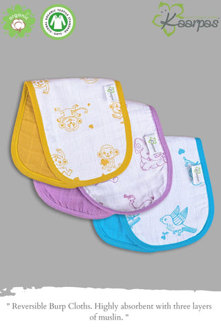 Pack of 3 highly absorbent 3 layered burp cloth of muslin monkey print ocher colour, elephant print purple colour & sparrow print blue colour 