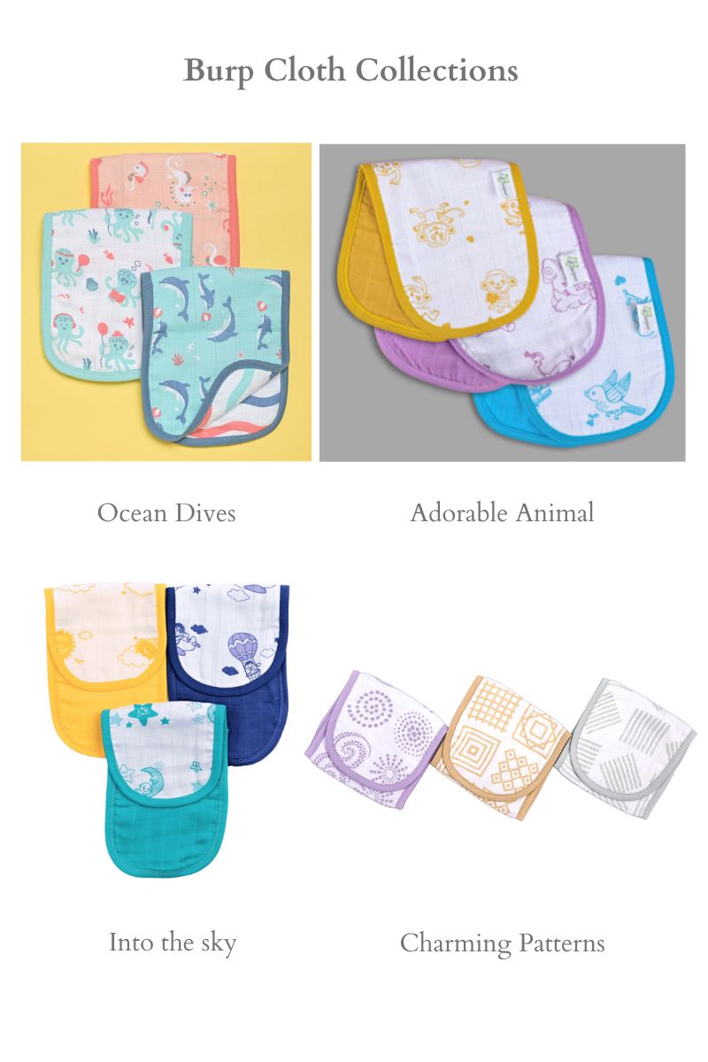 Burp cloth collection - Ocean Dive, Adorable Animal, Into the sky & Charming Patterns collection. 