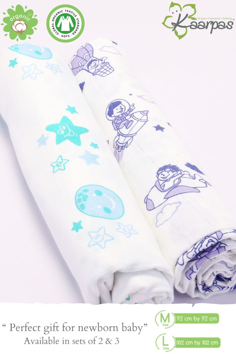 Sky Theme' Organic Muslin Baby Swaddle : Moon and Parachute, 100X100CM Pack of 2