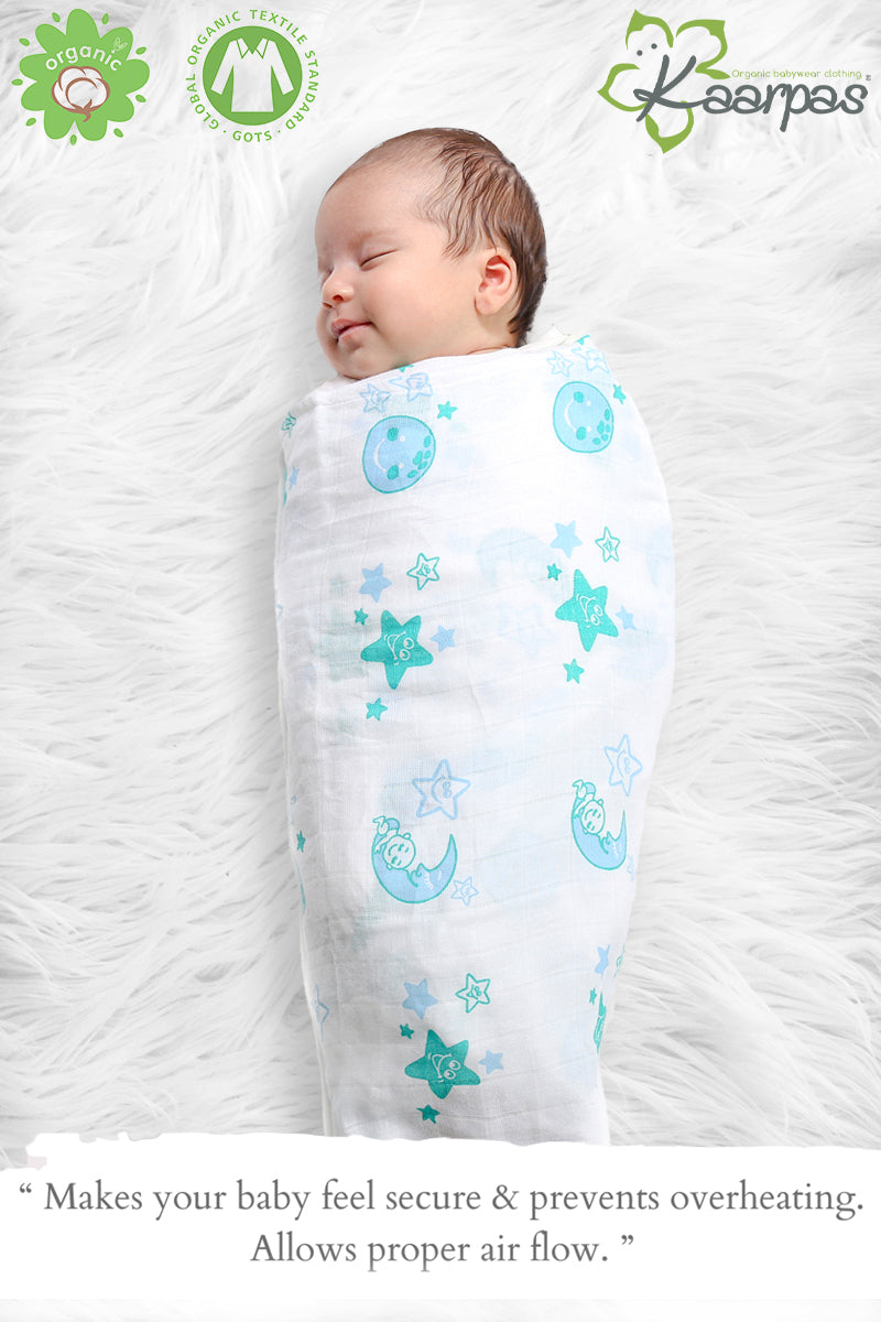 Sky Theme' Organic Muslin Baby Swaddle : Moon and Sun, 100X100CM Pack of 2