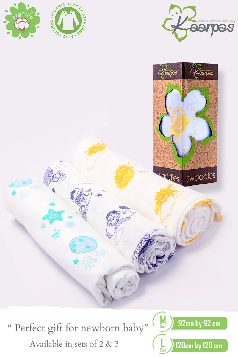 Sky Theme' Organic Muslin Baby Swaddle : Sun, Moon and Parachute, 100X100 CM Pack of 3