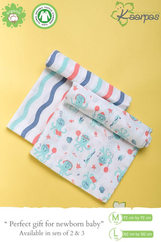 Ocean Dive' Organic Muslin Baby Swaddle : Octopus and waves, PACK OF 2