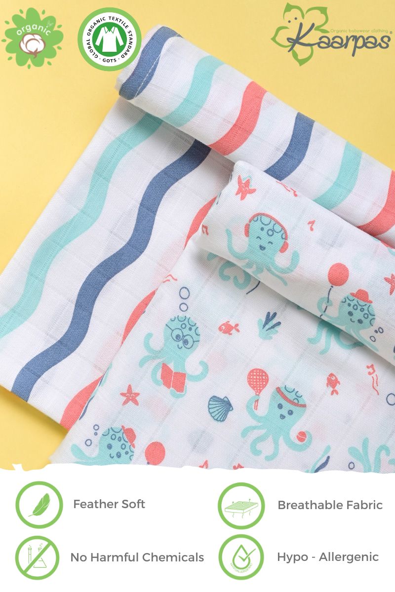 Ocean Dive' Organic Muslin Baby Swaddle : Octopus and waves, PACK OF 2